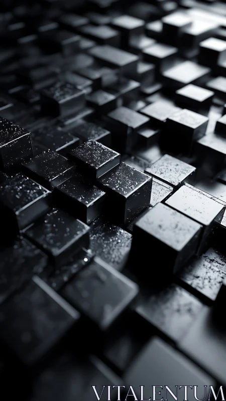 Glossy black cubic array forms a wet industrial micro-landscape