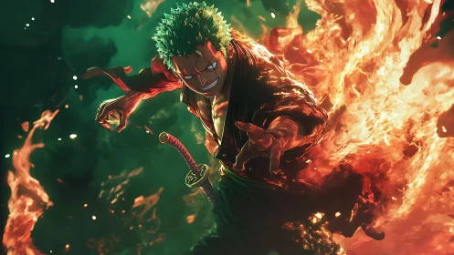 Blazing swordsman lunges through emerald smoke and wildfire.