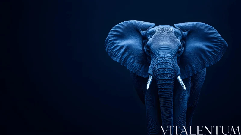 Majestic Elephant Portrait in Dramatic Blue Lighting, Minimalist Art.