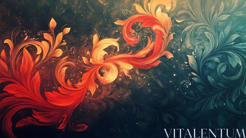 Fiery floral vortex collides with deep teal foliage swirl.