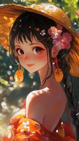 Sunlit anime girl in straw hat gazes back softly.