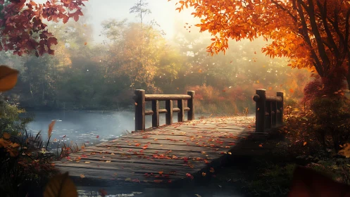 Autumn timber footbridge over misty pond with diffuse sunrise
