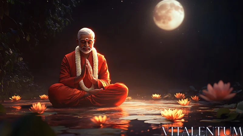 Moonlit sage afloat on lotus-lit waterway of quiet grace.