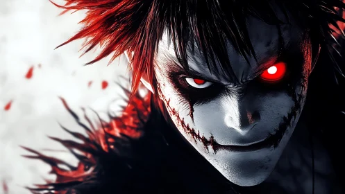 Sinister red-eyed demon with cracked monochrome mask face.