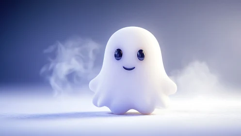 Softly lit 3D ghost character rendered in cool misty glow