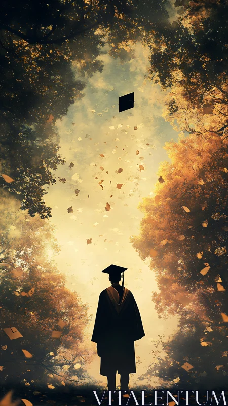 Graduate silhouette under golden autumn canopy at dusk.