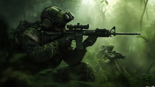 Camouflaged soldiers with rifles in dense green jungle terrain.