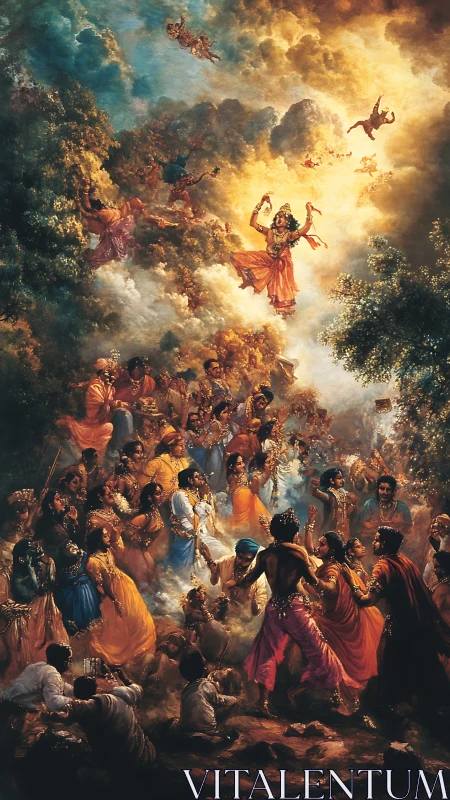 Oil painting vertical divine procession with celestial ascent.