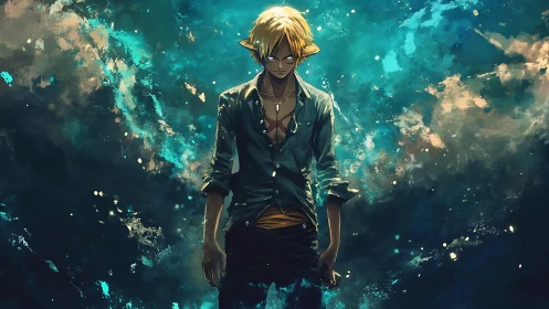 Brooding blond warrior amid turbulent teal cosmos glow.