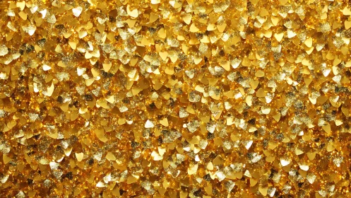 Dense surface of gold heart-shaped glitter is uniformly lit