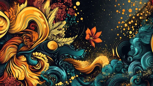 Whirling floral tides and stardust blooms in molten twilight.