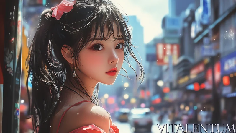 Young woman in red dress on busy urban street at dusk.