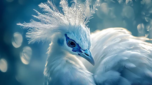 Frost crowned white peafowl preens in bokeh daydreams.