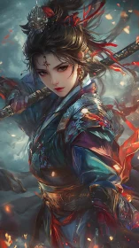 Fierce fantasy warrior woman in ornate battle armor poised.