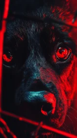 Staring canine eyes under red neon confinement glow.