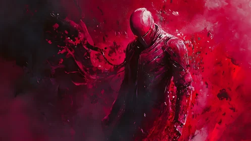 Red armored figure emerges from abstract swirling chaos