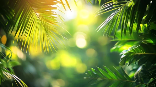 Sunlit tropical foliage with palm leaves in soft focus.