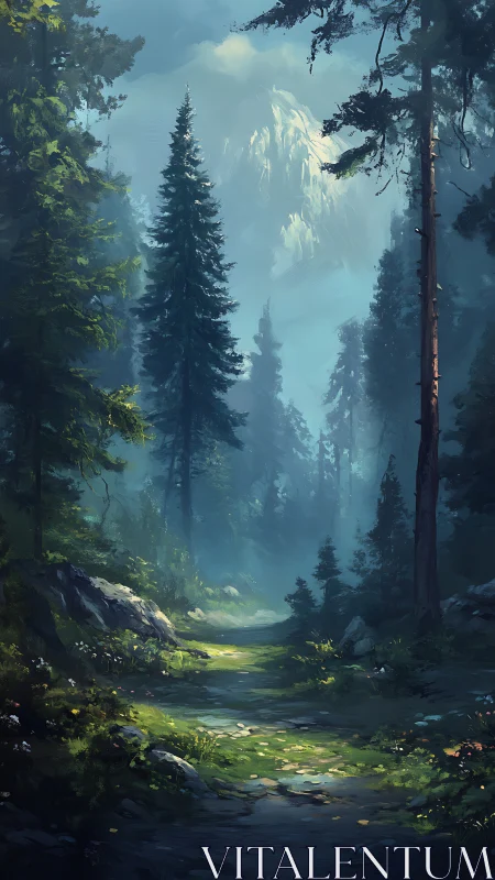 Misty Alpine Valley with Towering Conifers and Mountain Vista