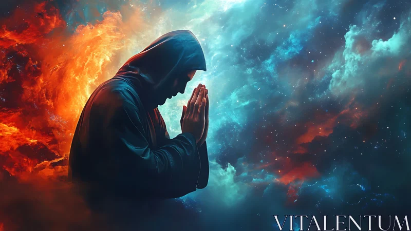 Hooded figure in cosmic prayer framed by fire and nebulae.