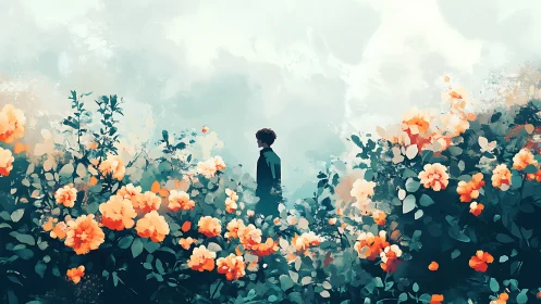 Solitary figure stands dreamily amid glowing flowered garden