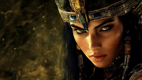 Intense queen portrait in ornate Egyptian style regalia.