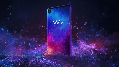 Smartphone with neon galaxy display in liquid splash environment.