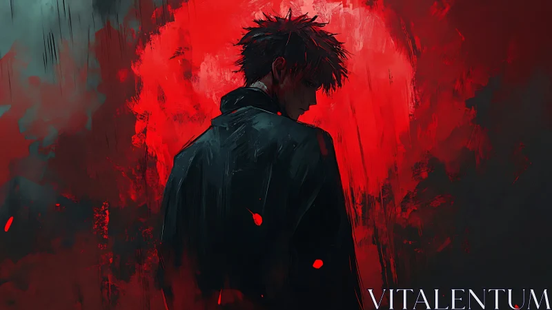 Solitary figure in dark coat against intense red field.