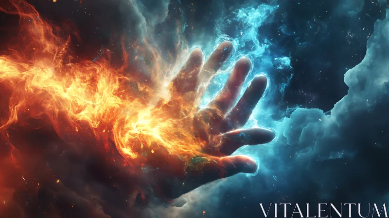 Human hand silhouette intersects opposing fire and plasma fields