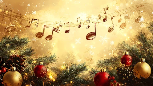 Golden holiday music drifts above glowing Christmas greens