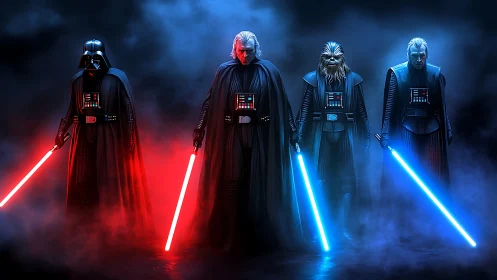 Four armored figures hold colored lightsabers in dense fog