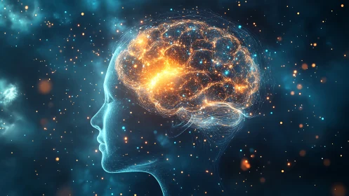 Neural connections glowing inside human head silhouette.