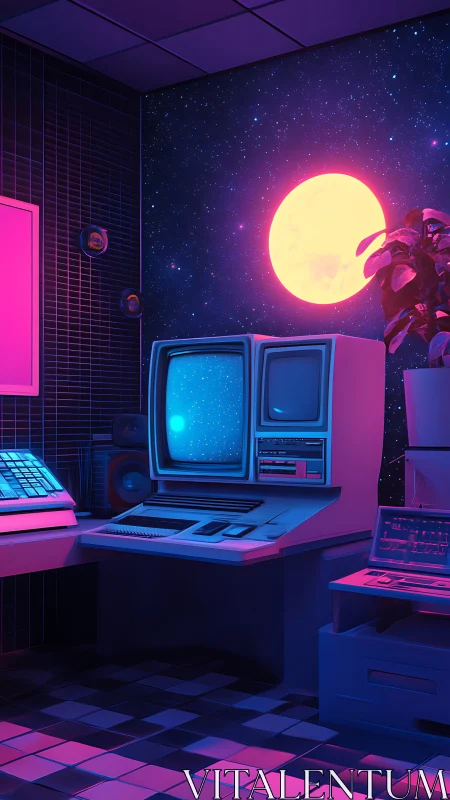Retro computer lab under neon moonlit starfield wall.
