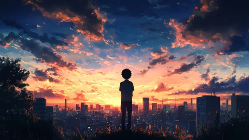 Silhouetted teenager observes illuminated city skyline at dusk