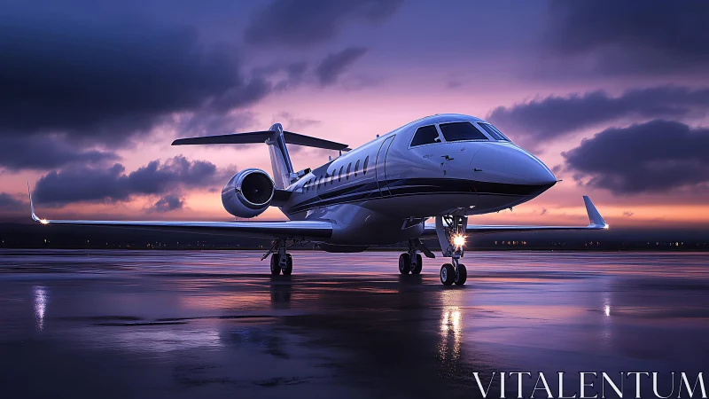 Private business jet on wet tarmac at dusk under violet sky
