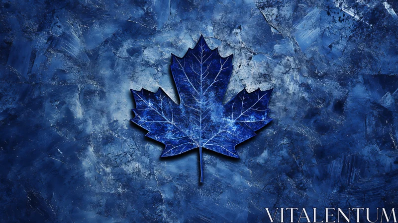 Blue maple leaf glows over textured abstract stone field.