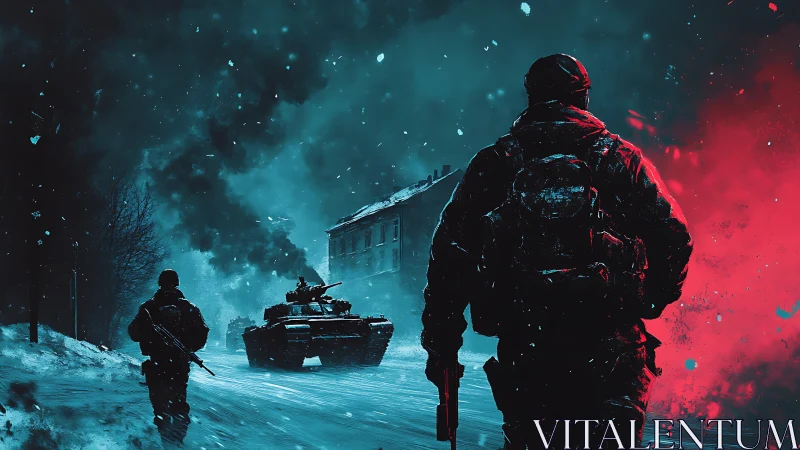 Armored column and infantry in snowy urban night combat zone