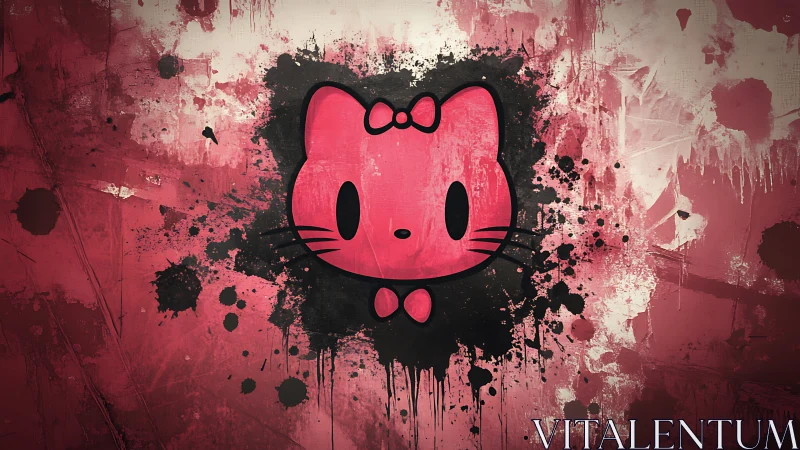 Playful pink cat face splashed across bold street art