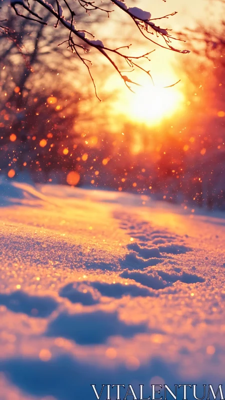 Winter footsteps glow under low sun across snowy path