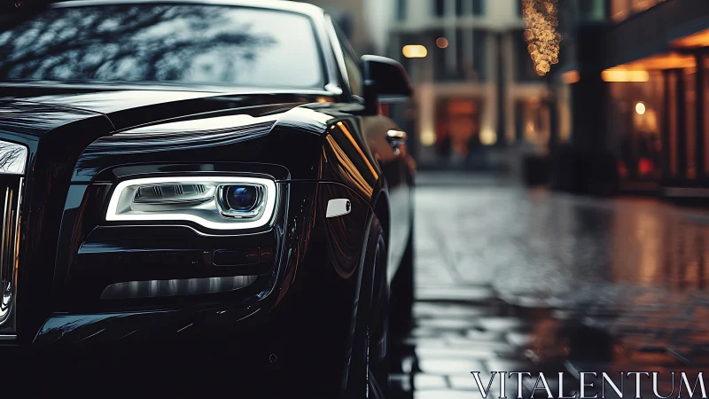 Close view isolates car headlight on wet urban street