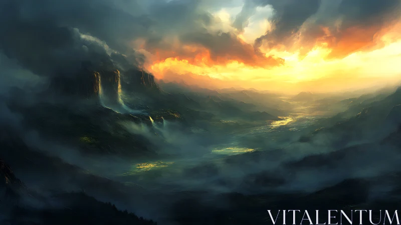 Luminous stormlit valley with cascading waterfalls at sunrise