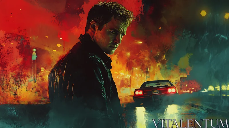 Brooding loner stalks neon street beside idling red car