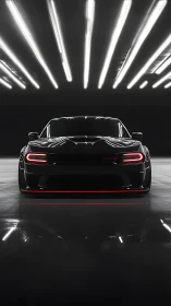 Low-slung black muscle car glows under futuristic strip lights.