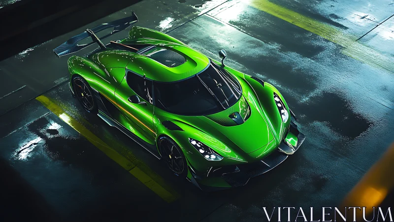 Electric green hypercar gleams under moody garage lights tonight