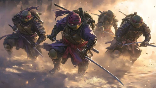 Armored reptilian warriors advancing through dusty battlefield.