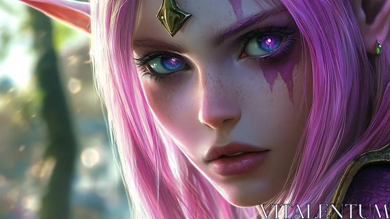 Enchanted elf heroine gazes with glowing violet eyes