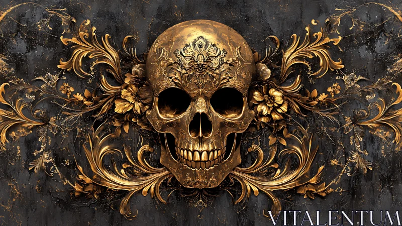 Gilded skull grins amid baroque vines and whispered decay