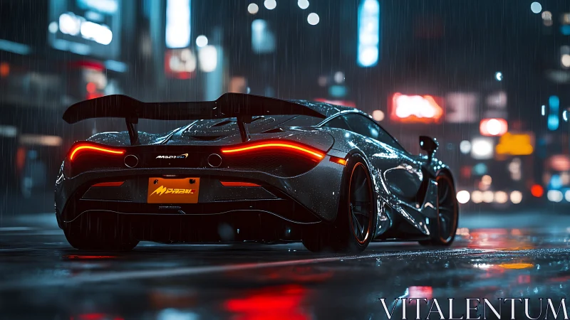 Sleek black sports car on wet neon city street at night.