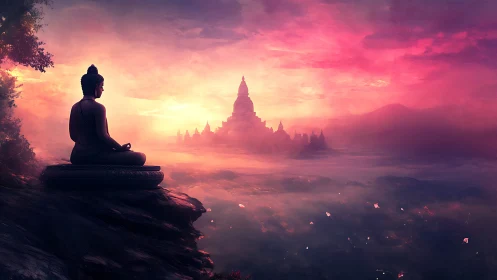 Silhouetted Buddha statue overlooks misty temples at dawn