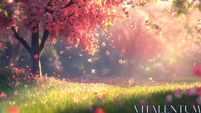 Spring Garden with Blossoms and Petals Falling.