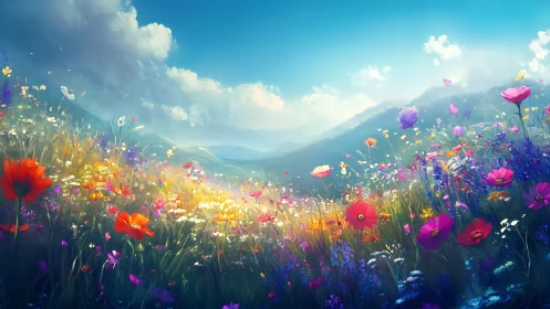 Wildflower meadow glows under a bright, dreamlike summer sky